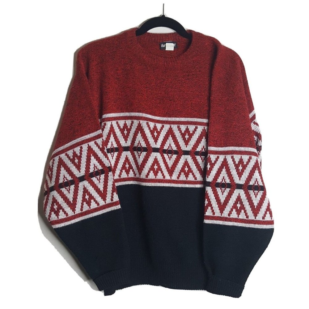 Vintage Turnabout Sweater Size Large Red White Black Acrylic Ski Winter Hipster